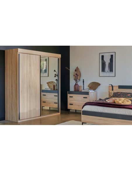 FIRST - Armoire 2 portes coulissantes miroir et bois  