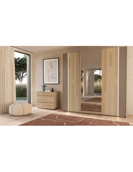 Majestic - Armoire 2 portes bois et 1 porte miroir coulissantes 